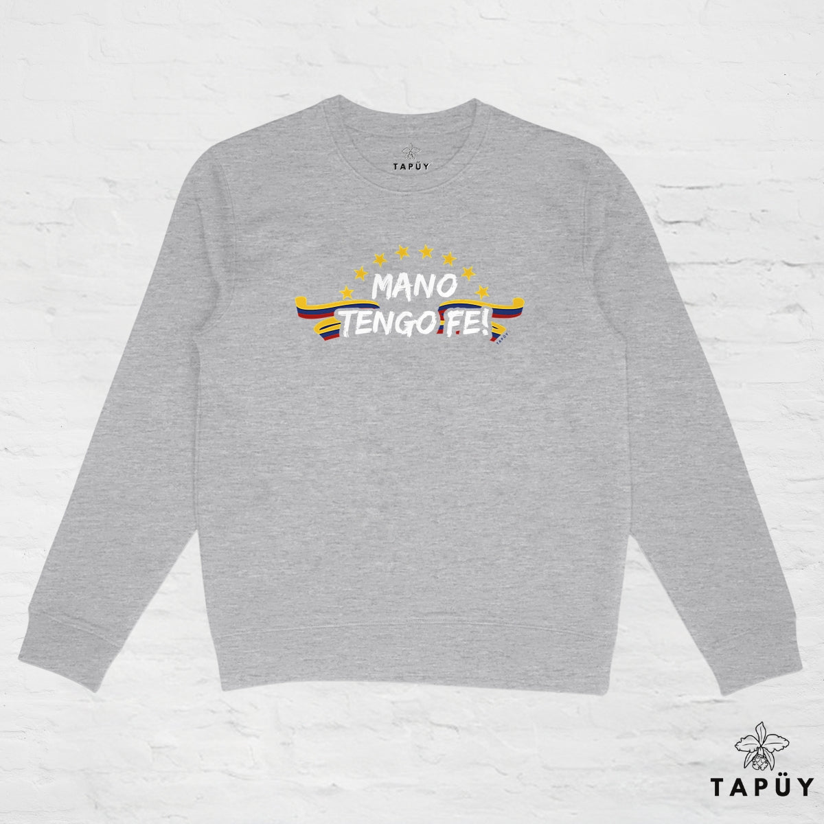 Sweatshirt Unisexe Mano Tengo Fe! Gris / XS de la marque Tapüy